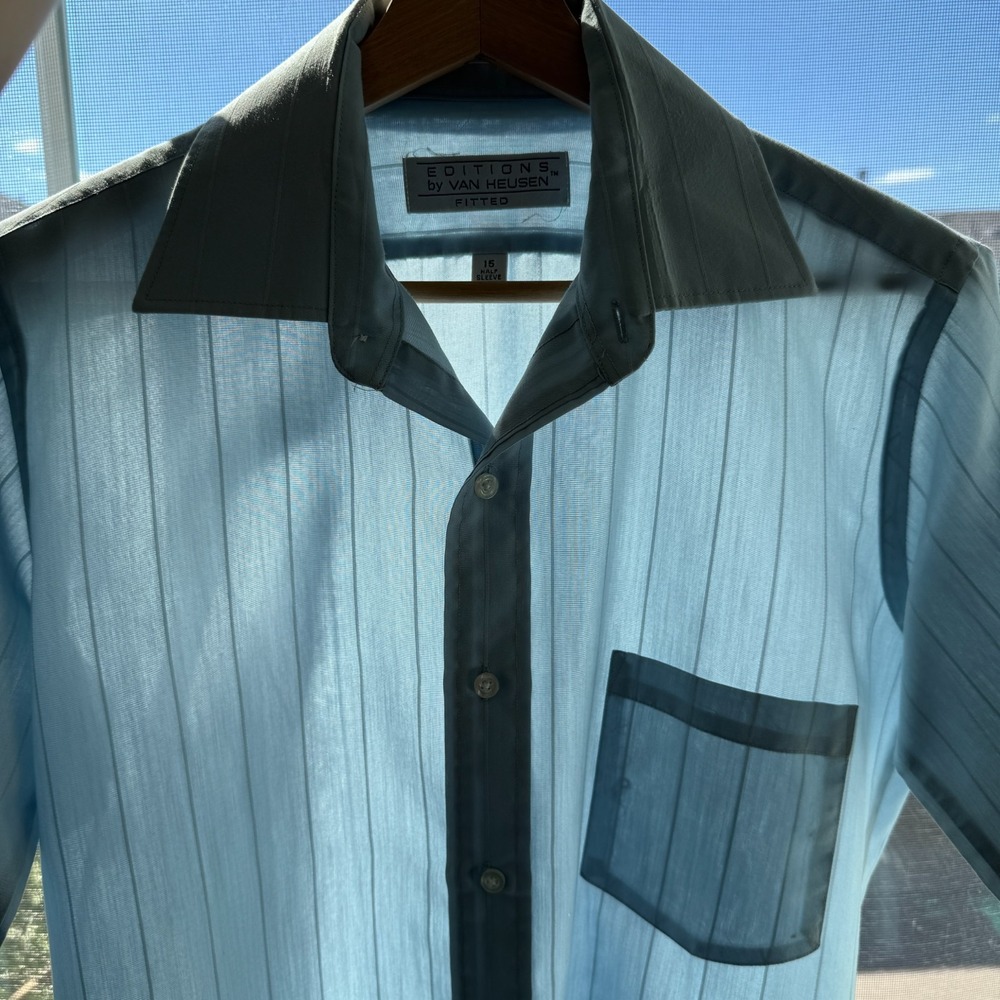Vintage Van Heusen Dress Shirt Mens M 15 Sheer Stripe Short Sleeve Disco 70s
